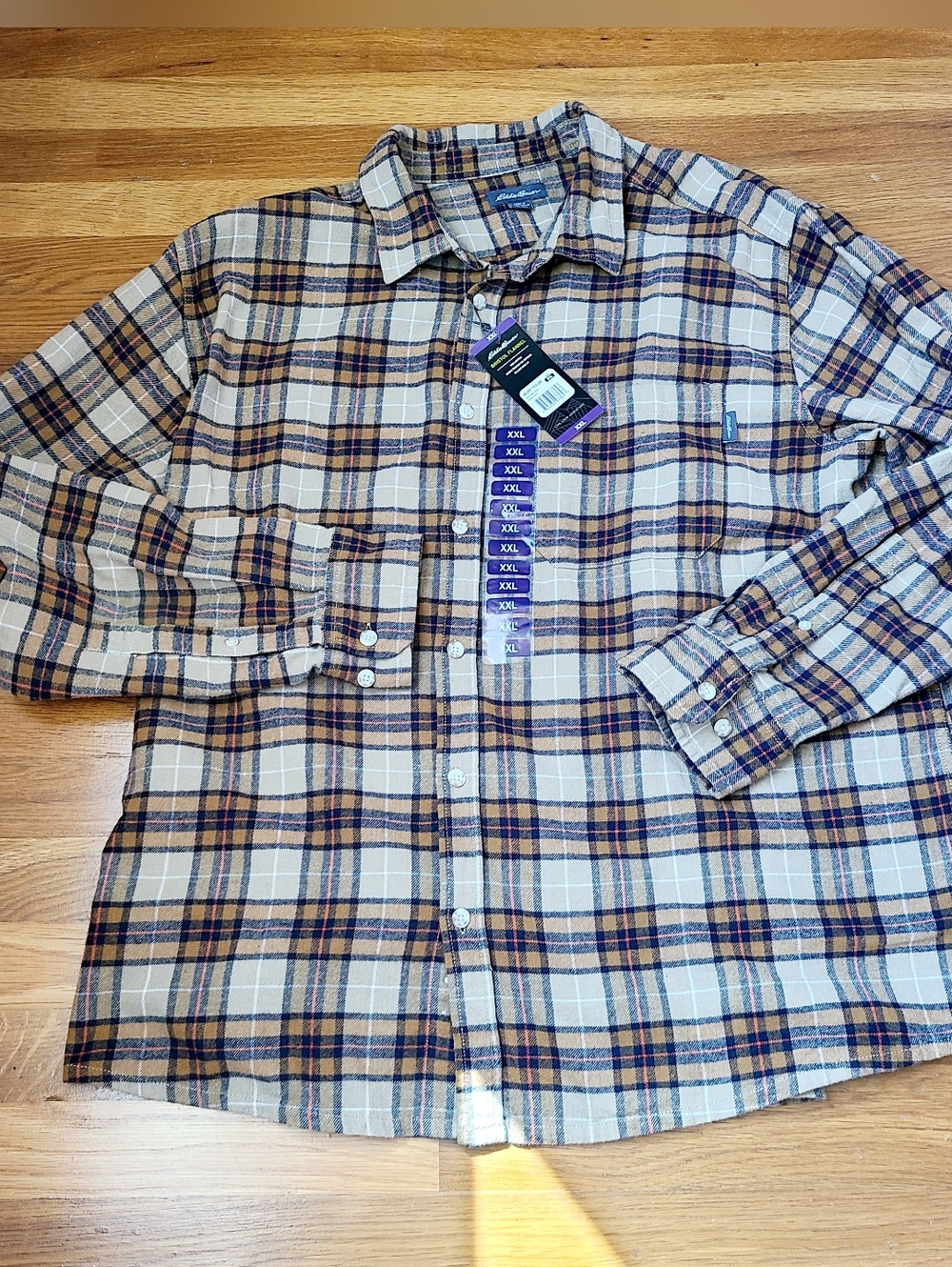 Eddie Bauer Plaid Button-Down Shirt Flannel- Beige, Navy & Brown Sz XXL